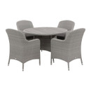 Grey wicker outdoor dining set featuring a round table with a tree-free wood effect top and four matching armchairs, shown against a white background.