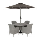 Grey wicker outdoor dining set featuring a round table with a tree-free wood effect top, four matching armchairs and a parasol, shown against a white background.