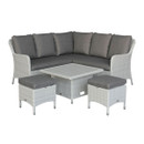 Grey wicker outdoor corner sofa set with dark grey cushions, shown with a square low table and two matching cushioned stools against a white background.