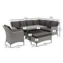 Grey wicker outdoor corner dining set with labelled dimensions, showing the L-shaped sofa, armchair, adjustable-height table, and cushioned bench with measurements in centimetres.