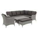Grey wicker outdoor corner dining set with dark grey cushions, featuring a large L-shaped sofa, a matching armchair, a cushioned bench, and a rectangular slatted table shown at coffee-table height.