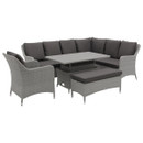 Grey wicker outdoor corner dining set with dark grey cushions, including an L-shaped sofa, armchair, cushioned bench, and a rectangular table shown raised to dining height.