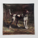 A brown and white dog stands alert on a grassy patch, looking upwards. The scene is dimly lit, conveying a calm, watchful atmosphere.
