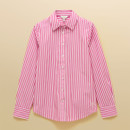 Flat lay of a long-sleeved pink and white striped cotton shirt with a classic collar and button front.