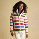 Women’s multicoloured striped sherpa fleece jacket with high collar, snap-button fastening and cream trim, worn with light trousers.