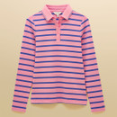 Flat-lay image of a women’s pink and blue striped long-sleeve polo top with a button placket and classic collar.