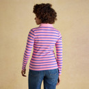 Back view of a pink and blue striped long-sleeve women’s polo top, showing the fitted shape and classic collar.