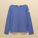 Flat lay of a blue and light blue striped long-sleeve top with a boat neckline, displayed on a neutral cream background.