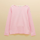 Flat lay of a women’s pink and white striped long-sleeve Breton top with a classic boat neckline.