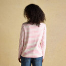 Back view of a women’s pink and white striped Breton top, showing its classic boat neckline and straight fit.
