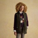 Women’s outfit featuring an olive green fleece gilet layered over a fox-motif jumper and checked trousers.