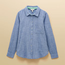 Light blue long-sleeve check shirt laid flat, featuring a chest pocket, button front and soft textured fabric.