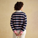 Back view of a navy rugby shirt with pink and white stripes, showing the relaxed fit, long sleeves and white collar detail.