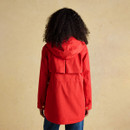 Back view of a bright red women’s raincoat featuring a hood and a rear storm flap panel.