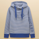 Flat lay of a blue and white striped women’s hoodie with wide drawstrings, ribbed hem and embroidered sleeve branding.