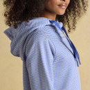 Close-up side view of the blue and white striped hoodie showing the soft draped hood and textured knit fabric.