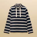 Flat lay of a navy and white striped women’s sweatshirt with a high collar and cream drawcords on a neutral background.