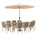 Rectangular garden dining table with eight beige cushioned chairs and a cream parasol, shown on a white background.