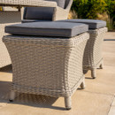 Close-up of a grey rattan outdoor footstool with a thick charcoal cushion, showing woven detailing and sturdy raised feet.