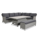 A contemporary grey rattan outdoor corner dining set featuring a high rectangular dining table, deep grey seat and back cushions, and a matching cushioned bench shown against a plain white background.