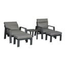 Anthracite two-seat lounge set with two reclining armchairs, footstools and a side table on a white background.