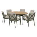 Sage green outdoor dining set with a round wood-look table and six armchairs with eco mist coloured cushions, shown on a white background.
