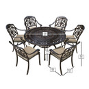 A bronze round dining set with six chairs against a white background, displaying its measurements.