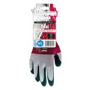 A pair of Wonder Grip dual gloves in grey and red with green fingertips on a white background. Packaging highlights exceptional flexibility.