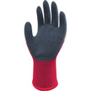 Red and grey work glove facing up, showing a textured black palm and fingers with a red knitted cuff. The glove conveys durability and protection.