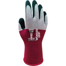 Red and grey Wonder Grip work glove with black fingertips. Labels on the glove display safety standards and branding. The glove suggests durability and functionality.