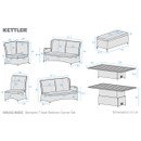 Technical dimensions diagram of Kettler Derwent 7 Seat Recliner Corner Set showing modular corner sections, reclining seats, storage bench and height-adjustable rectangular table measurements in centimetres.