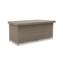 Rectangular outdoor rattan storage box with a flat lid, displayed against a white background for product presentation.