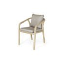 Light wooden outdoor dining chair with curved arms and beige seat and back cushions on a white background.