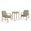 Studio image of Kettler Meadow bistro set including circular slatted wooden table and two cushioned garden chairs on a white background.