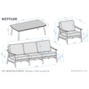 Technical dimension diagram of the Kettler Meadow 5 seat lounge set including sofa, armchair and coffee table measurements in centimetres.