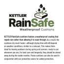Kettler RainSafe waterproof cushions graphic explaining shower-resistant coating and fast-drying outdoor seat pads.