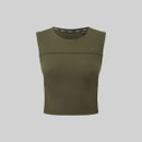 A front view of a green Ridgeline women's sleeveless crop top on a grey background