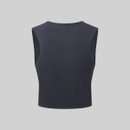 A back view of a navy Ridgeline crop top on a grey background