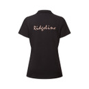 A back view of a black Ridgeline polo shirt with pink writing on a white background