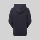Back view of a navy women’s hoodie showing the hood and plain back design with raglan sleeves.