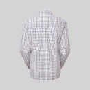 Back view of the women’s white checked shirt showing the lilac and navy grid pattern and a back yoke with a small center pleat.