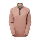 Blush pink quarter-zip sweatshirt displayed on a white background, featuring a brown-trimmed zip and patterned inner collar lining.