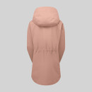Back view of the blush pink waterproof jacket showing the hood, relaxed fit, and gathered waist detail.