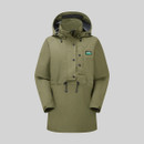 Khaki green waterproof smock with a hood, high collar, half-button storm flap, drawcord waist, and Ridgeline logo on the chest.