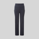 Navy women’s straight-leg leggings with a high-rise wide waistband and subtle front seam detailing.