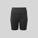 Black women’s high-waisted active shorts with a wide supportive waistband, side seam pockets, and smooth stretch fabric.