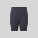 Navy women’s high-waisted active shorts with a wide supportive waistband, side seam pockets, and smooth stretch fabric