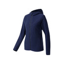 Navy textured hooded jacket on a white background, angled front view showing the hood and sleeve shape.