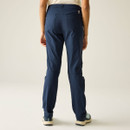 Back view of navy walking trousers on a model, showing the rear pockets.