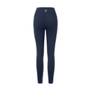 Studio product shot of navy high-waisted leggings, back view.
